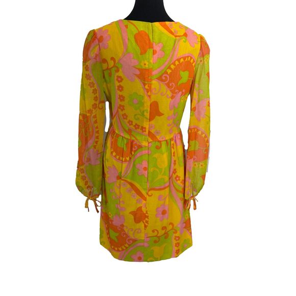 Vintage 1960s Young Edwardian Mod Floral Mini Dress Long Sleeve Tulip Print - Picture 2 of 12
